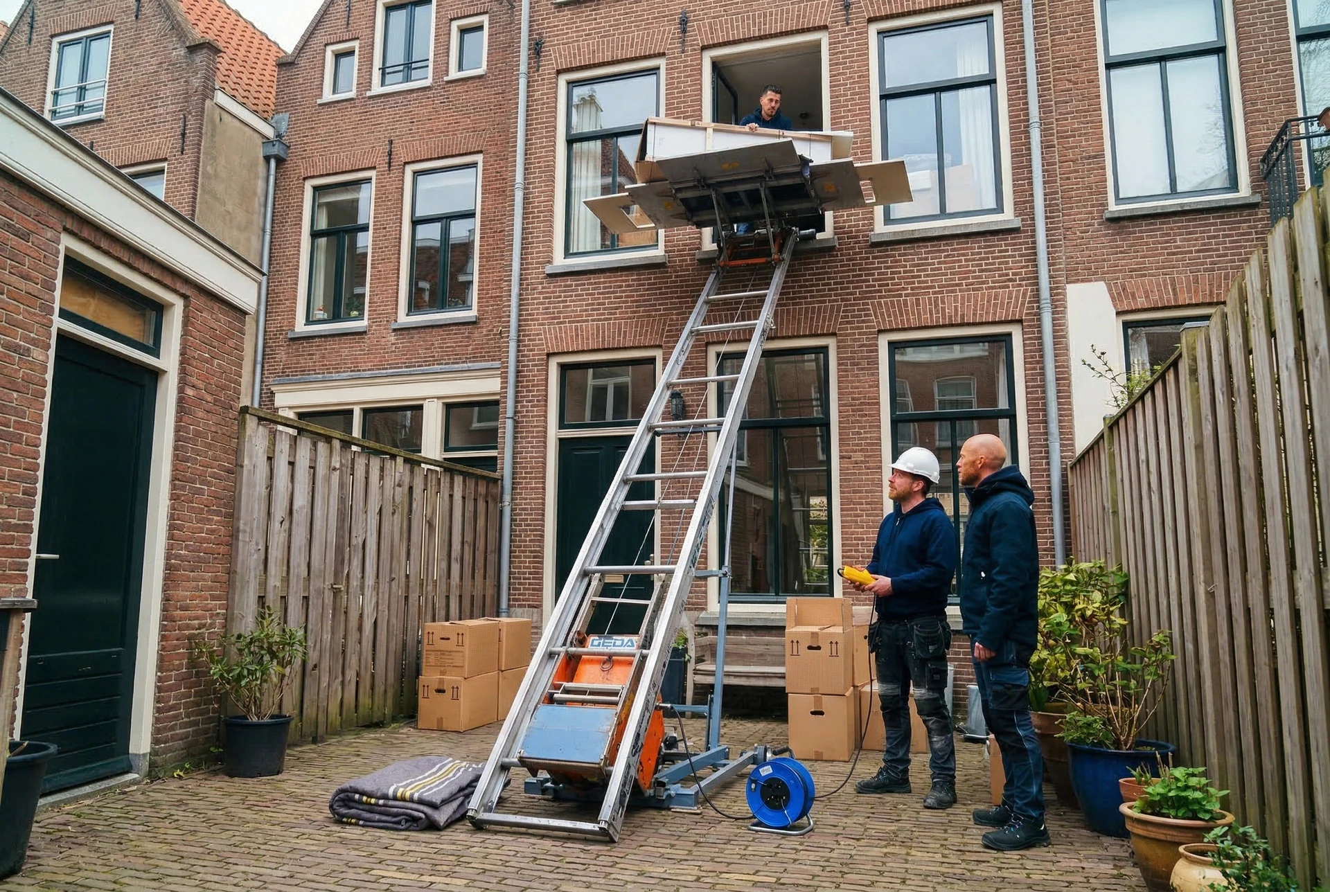 Team Verhuislift Huren Dordrecht bij een verhuislift in het centrum